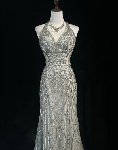 Robes de bal vintage, inspiration sirène, dos nu, col montant, sequin argenté, années 80, robes de soirée N3369