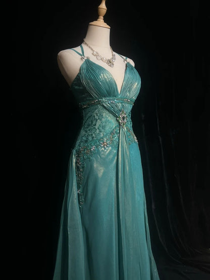 Elegantes A-Linien-Spaghettiträger-Kleid aus blauem Chiffon mit besticktem Oberteil, langes Ballkleid N2724