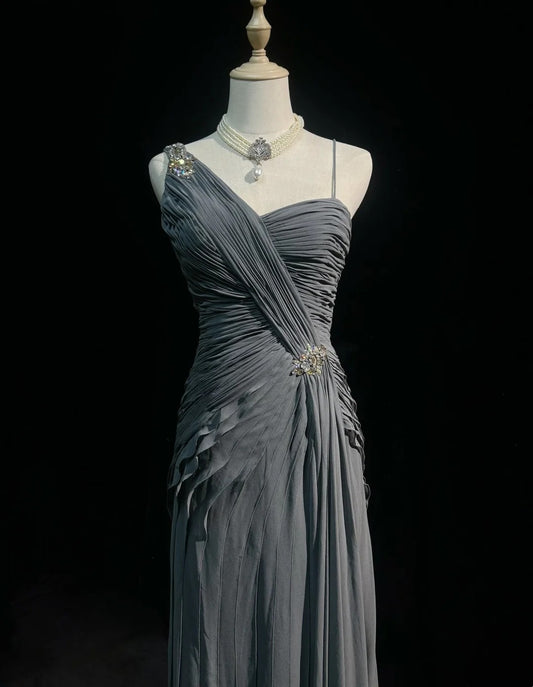 Simple Prom Dresses Mermaid Spaghetti Strap Grey Chiffon Floor Length Ruffled Formal Evening Dress N3685
