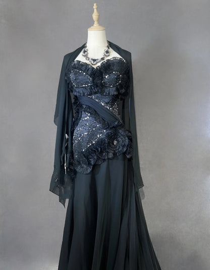 Vintage Prom Dresses Meerjungfrau Sweetheart Black Tie Kleid Chiffon mit Perlen 1980er Jahre Lange Abendkleid N2621