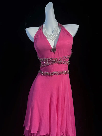 Retro High Low Halter Pink Tea Length Chiffon With Beads Prom Dresses Formal Party Outfits RB3951