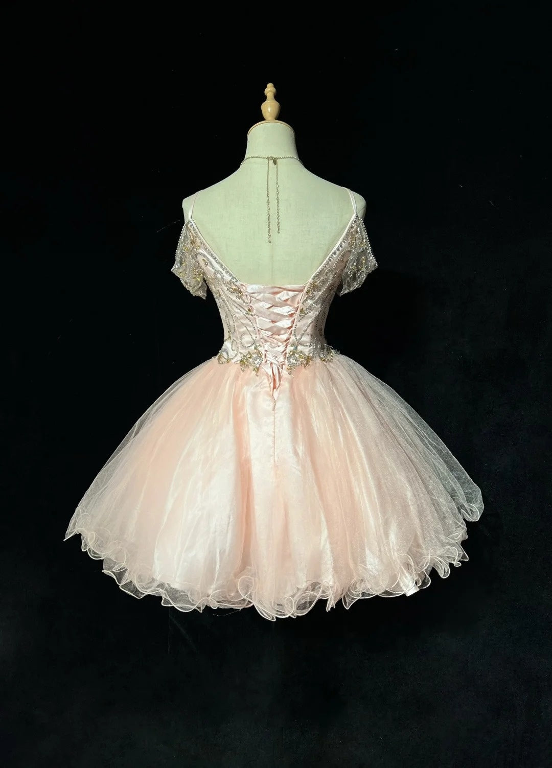 Robe de Bal Princesse à Bretelles Fines en Tulle Rose Poudré, Robes Courtes de Rentrée Hoco N3058