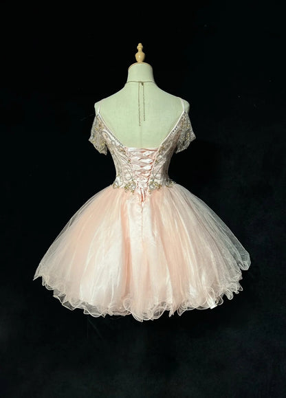 Robe de Bal Princesse à Bretelles Fines en Tulle Rose Poudré, Robes Courtes de Rentrée Hoco N3058