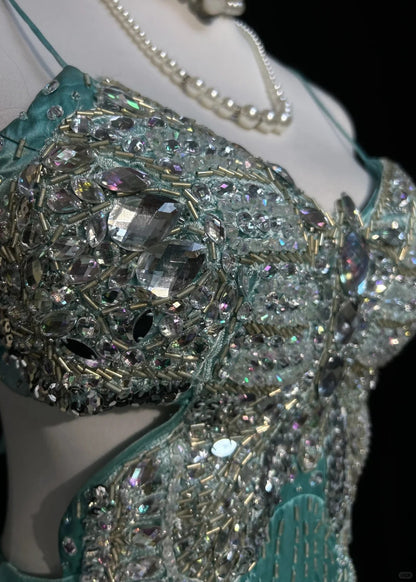 Elegante Abschlussballkleider Meerjungfrau Spaghettiträger Rückenfrei Tiffany-Blau Chiffon Mit Perlen Lang Formelle Abendgarderobe N3708