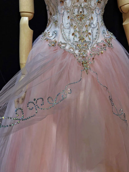 Prinzessinnen-Ballkleider Inspo Ballkleid Pink Tüll Lang mit Perlen Abendkleider N3392
