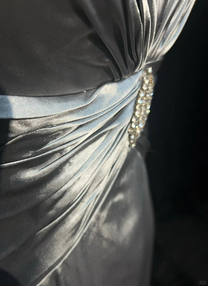 Robes de bal vintage des années 2000, coupe A, dos nu, gris argenté avec volants, longue robe de bal N3028