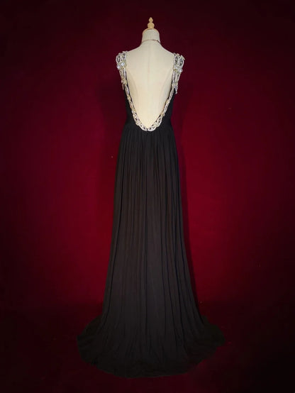 Vintage Prom Dresses 80er Jahre A-Linie V-Ausschnitt Black Tie Kleid Rückenfrei Chiffon Abendkleider N3473