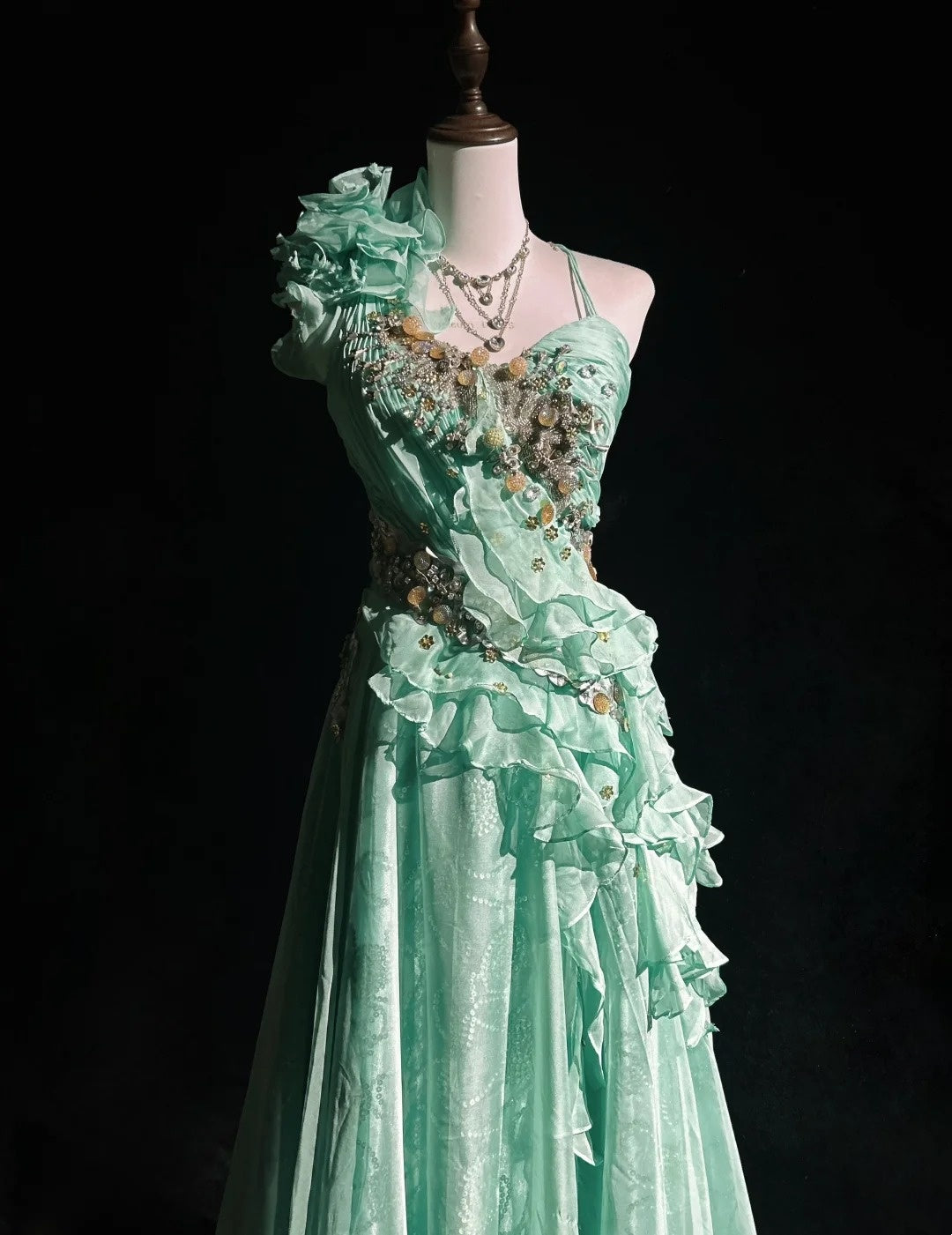 Robes de bal vintage coupe trapèze asymétriques vert menthe années 70 avec volants en mousseline longue robe de soirée formelle N2525