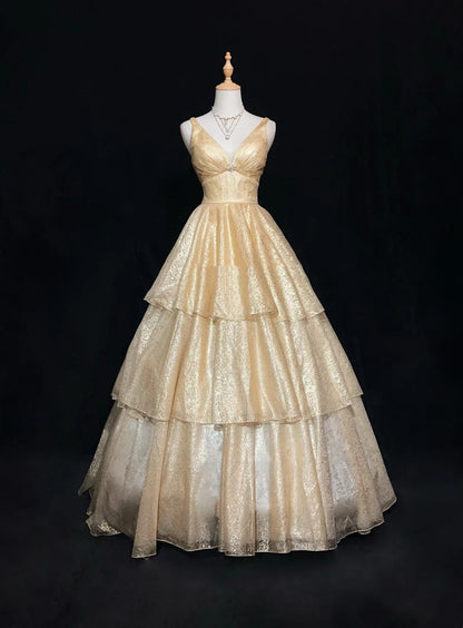 Vintage Abschlussballkleider Ästhetik 80er Jahre Retro Ballkleid Champagner Pailletten Bodenlang Abendgarderobe N2326