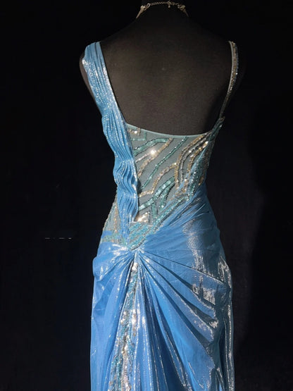 Inspiration robes de bal vintage sirène bretelles sequins bleus longues années 90 avec fleurs robes de soirée N3355