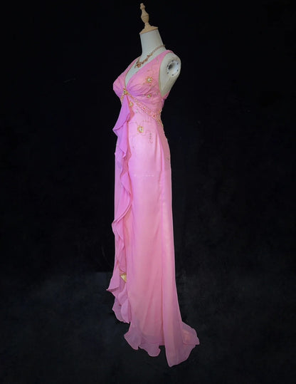 Idées de robes de bal modestes sirène col en V mousseline rose avec perles à volants pour femme robe de soirée formelle N3231