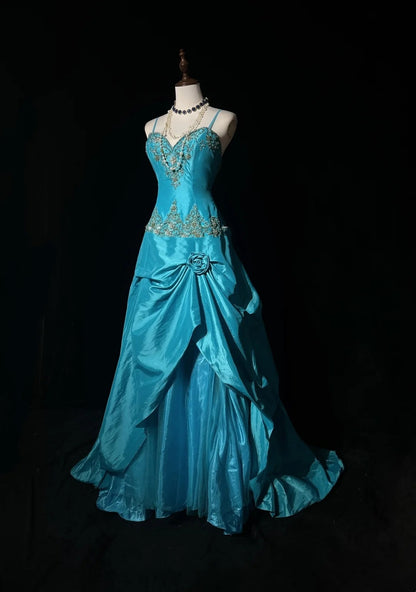 Robes de bal vintage esthétique Années 80 Rétro Robe de bal Bretelles fines Taffetas bleu Longueur ras du sol Tenues de soirée N2329