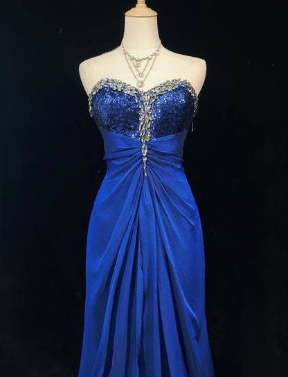 Vintage Ballkleider 1960er Meerjungfrau-Ausschnitt Königsblau Chiffon mit Perlen Langes Ballkleid N3115