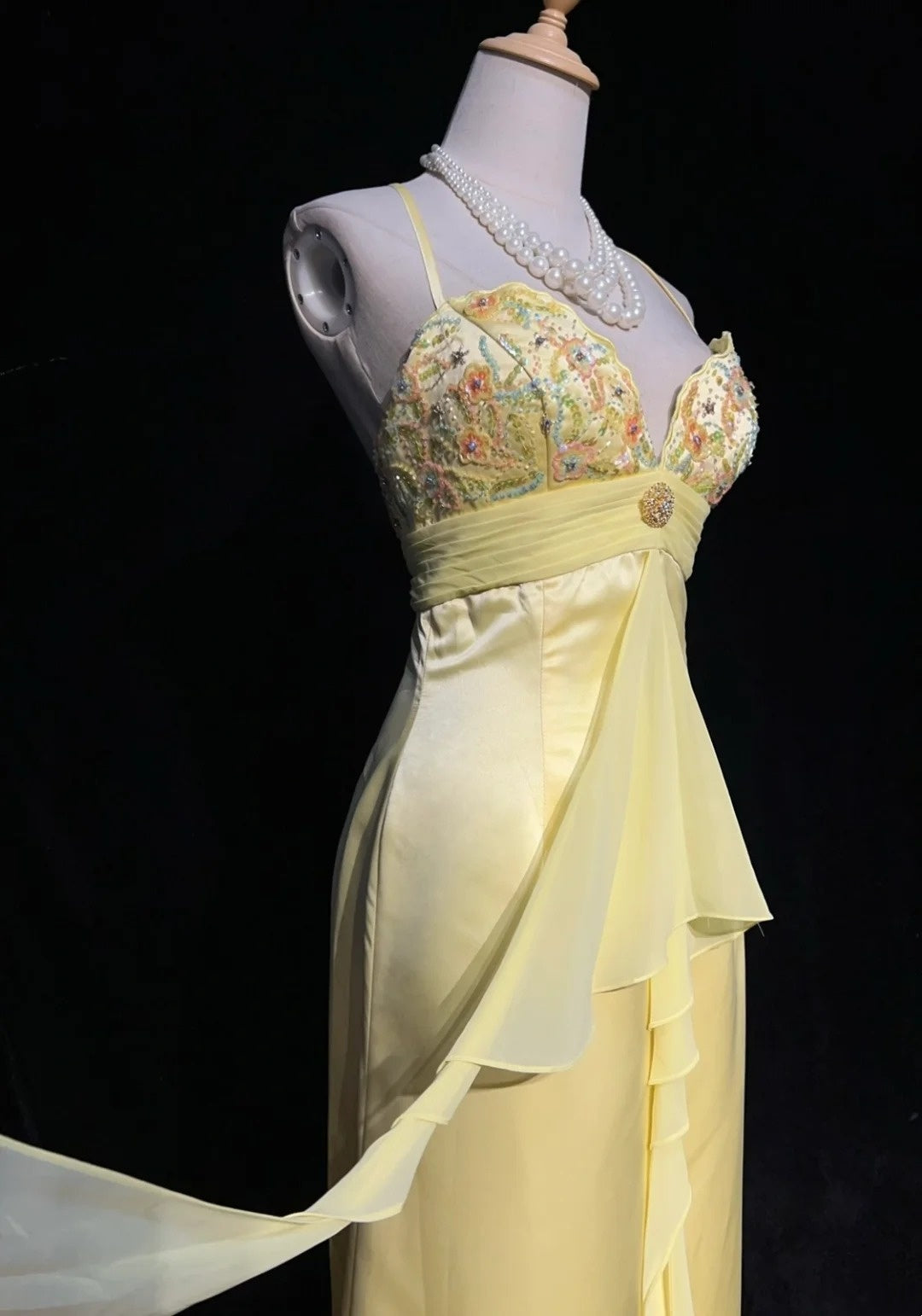 Superbes robes de bal sirène à bretelles spaghetti, jaune, sans manches, en mousseline, longue robe de soirée N2870