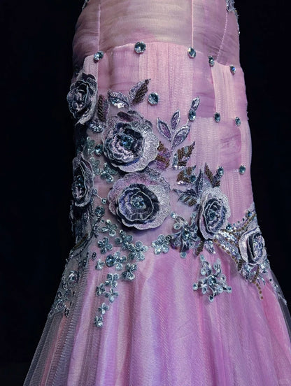Robes de bal modestes sirène licou tulle lilas avec perles dentelle longue robe de soirée formelle N3882