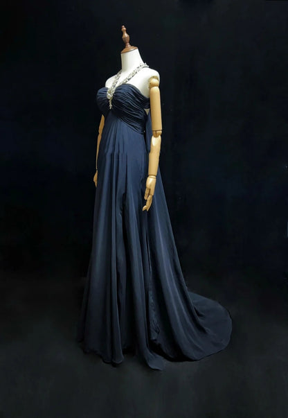 Robes de bal vintage Trapèze Licou Bleu marine Mousseline de soie Perlé Années 70 Longue robe de soirée N2615