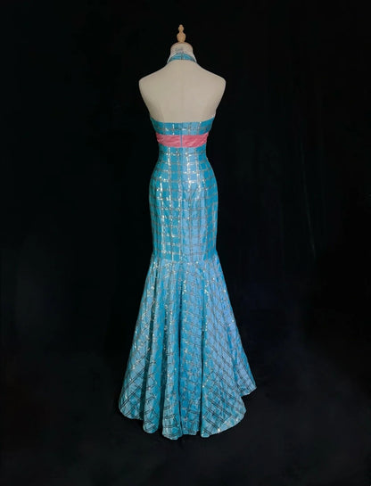 Vintage Abschlussballkleider Meerjungfrau V-Ausschnitt Blau Pailletten Ärmellos 1980er Jahre Langes Abendkleid N2866
