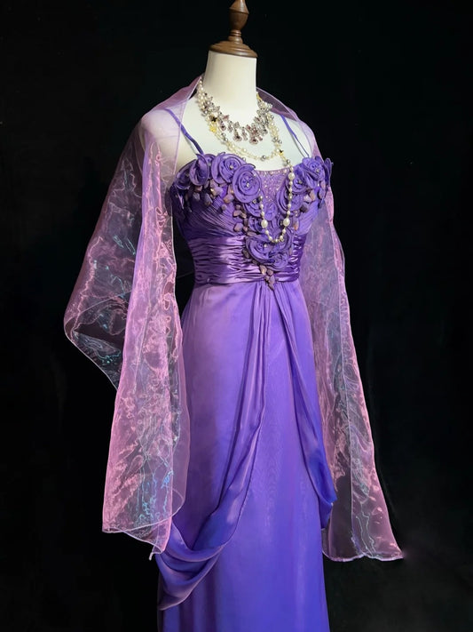 Vintage Prom Dresses A line Spaghetti Strap Grape Chiffon Sleeveless 1980s Long Formal Evening Gown N2631
