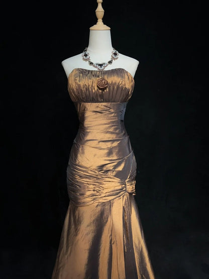 Vintage Prom Dresses Mermaid Strapless Sleeveless Taffeta 90s Long Formal Gown N2898