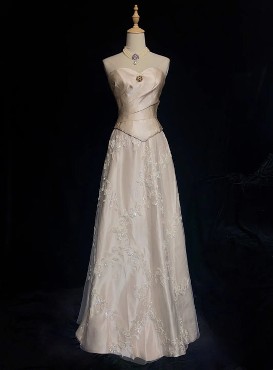 Modest Prom Dresses A line Sweetheart Satin With Lace Long Evening Outfits N3469