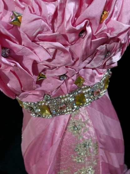 Vintage Abschlussballkleider Spaghettiträger Meerjungfrau Pink mit Goldspitze Lange formelle Abendkleider N3862