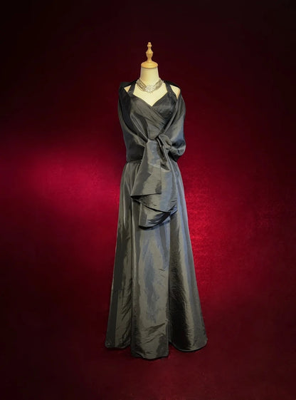 Classy Prom Dresses A line Halter Black Taffeta Black Tie Dress With Ruffle Long Formal Gown N2899