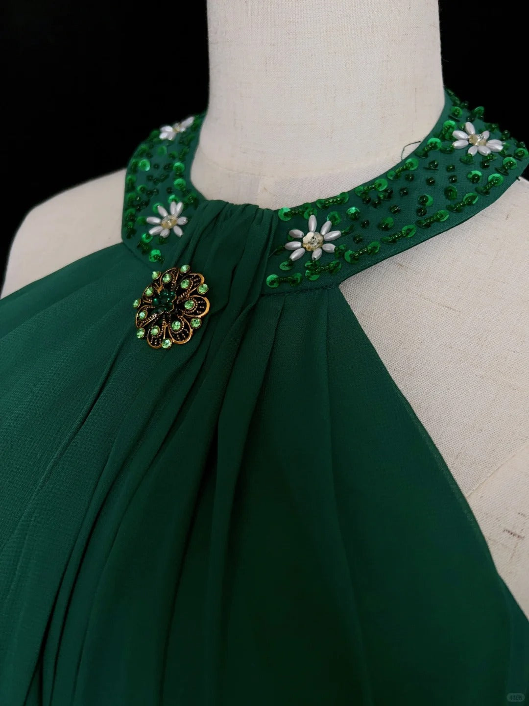 Robes de bal vintage des années 80, trapèze, dos nu, en mousseline verte avec perles, longues tenues de soirée N3450