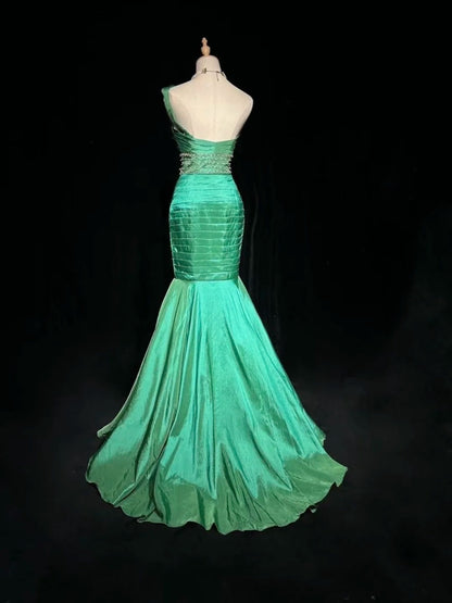 Robes de bal vintage Sirène Asymétrique Vert Plissé Années 90 Robe de soirée longue N2647