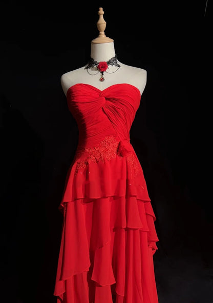 Vintage Abschlussballkleider A-Linie Sweetheart Rot 70er Jahre mit Rüschen Chiffon Langes festliches Partykleid N2524