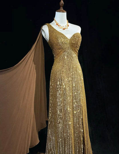 Robe de soirée sirène vintage des années 2000 à une épaule, à sequins dorés, longue robe de bal étincelante N2574