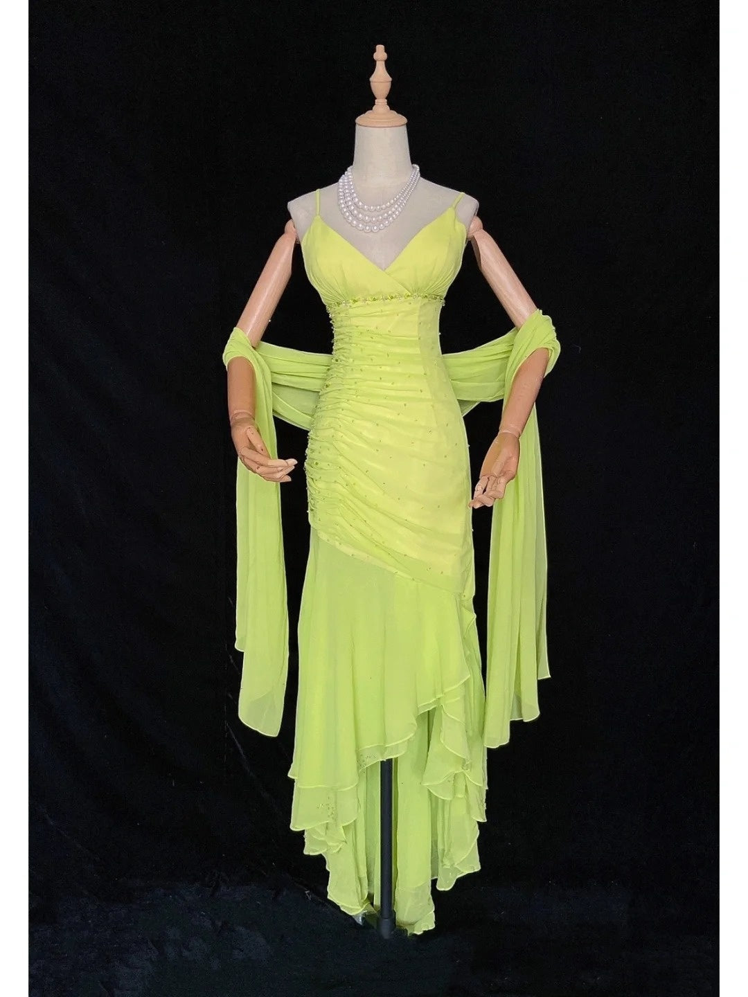 Vintage Prom Dresses 80er Jahre Meerjungfrau Spaghettiträger Grün Chiffon Teelänge Abendgarderobe N3456
