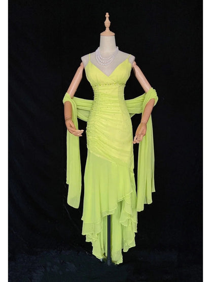Vintage Prom Dresses 80er Jahre Meerjungfrau Spaghettiträger Grün Chiffon Teelänge Abendgarderobe N3456