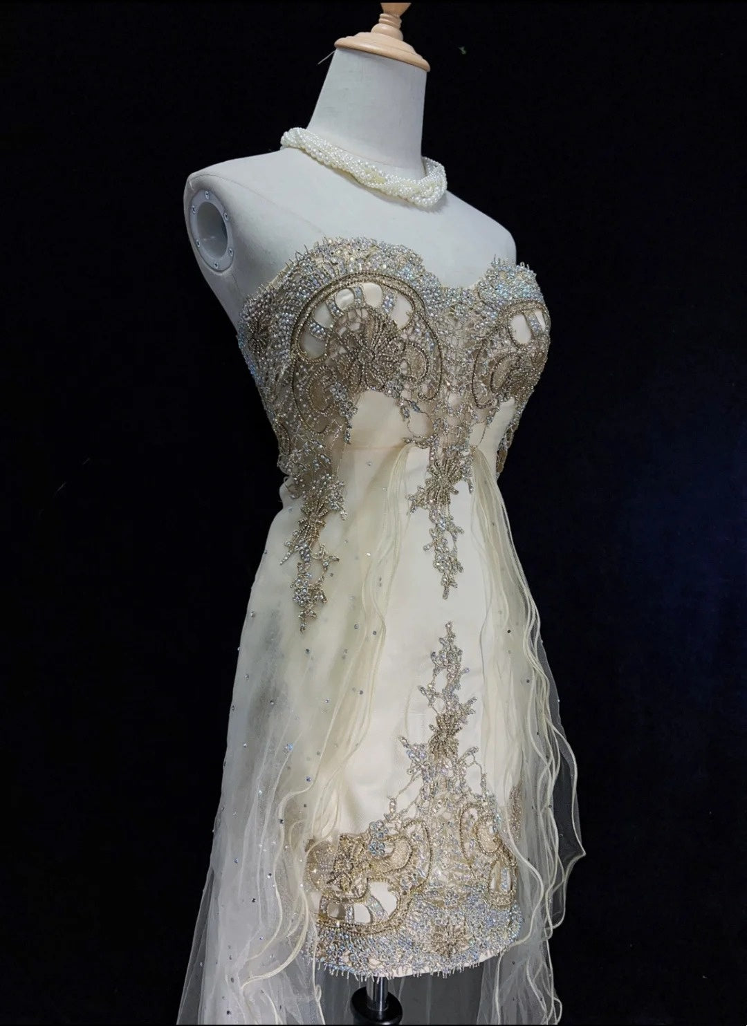 Mignonne Robe Courte de Soirée/Cocktail/Retour à la Maison, sans Bretelles, en Dentelle Dorée, N4216