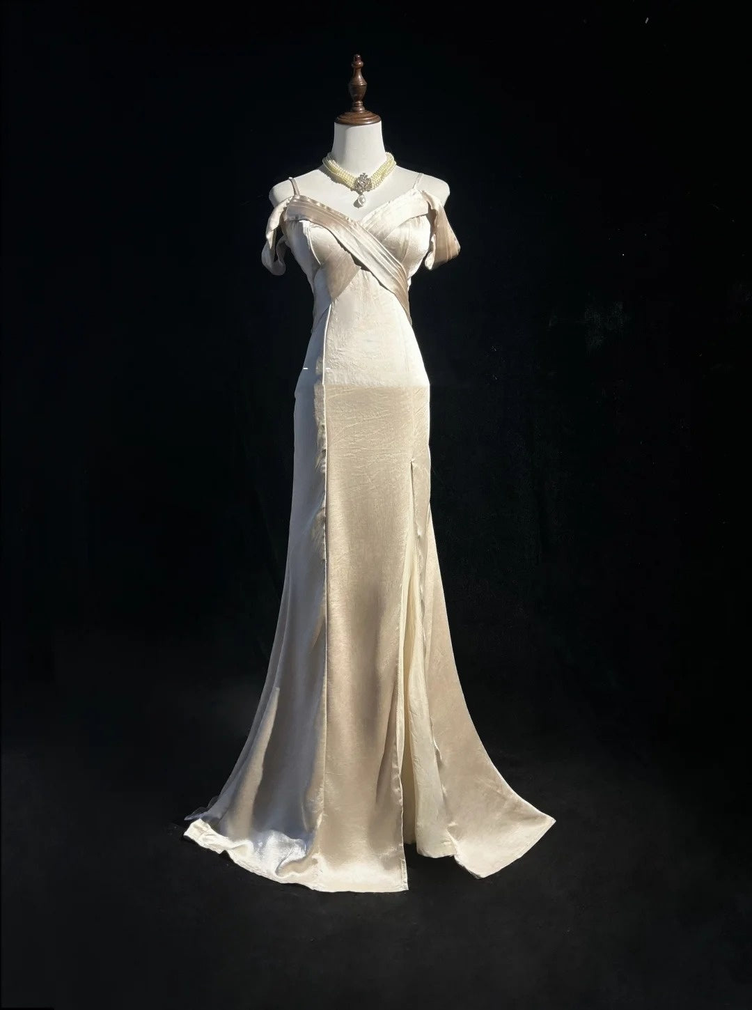 Robes de bal vintage des années 80 sirène à fines bretelles en satin couleur champagne, robes de soirée longues N3458