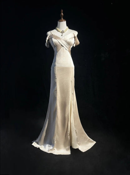 Robes de bal vintage des années 80 sirène à fines bretelles en satin couleur champagne, robes de soirée longues N3458
