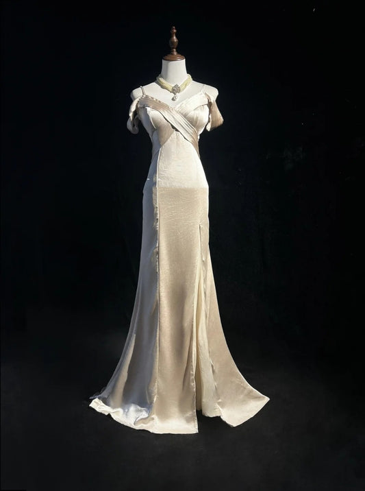 Vintage Prom Dresses 80s Mermaid Spaghetti Strap Champagne Satin Floor Length Evening Outfits N3458
