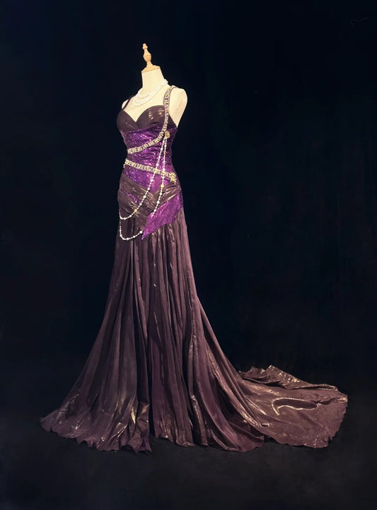 Vintage Prom Dresses 1960s Mermaid Spaghetti Strap Purple With Beaded Long Prom Gown N3117