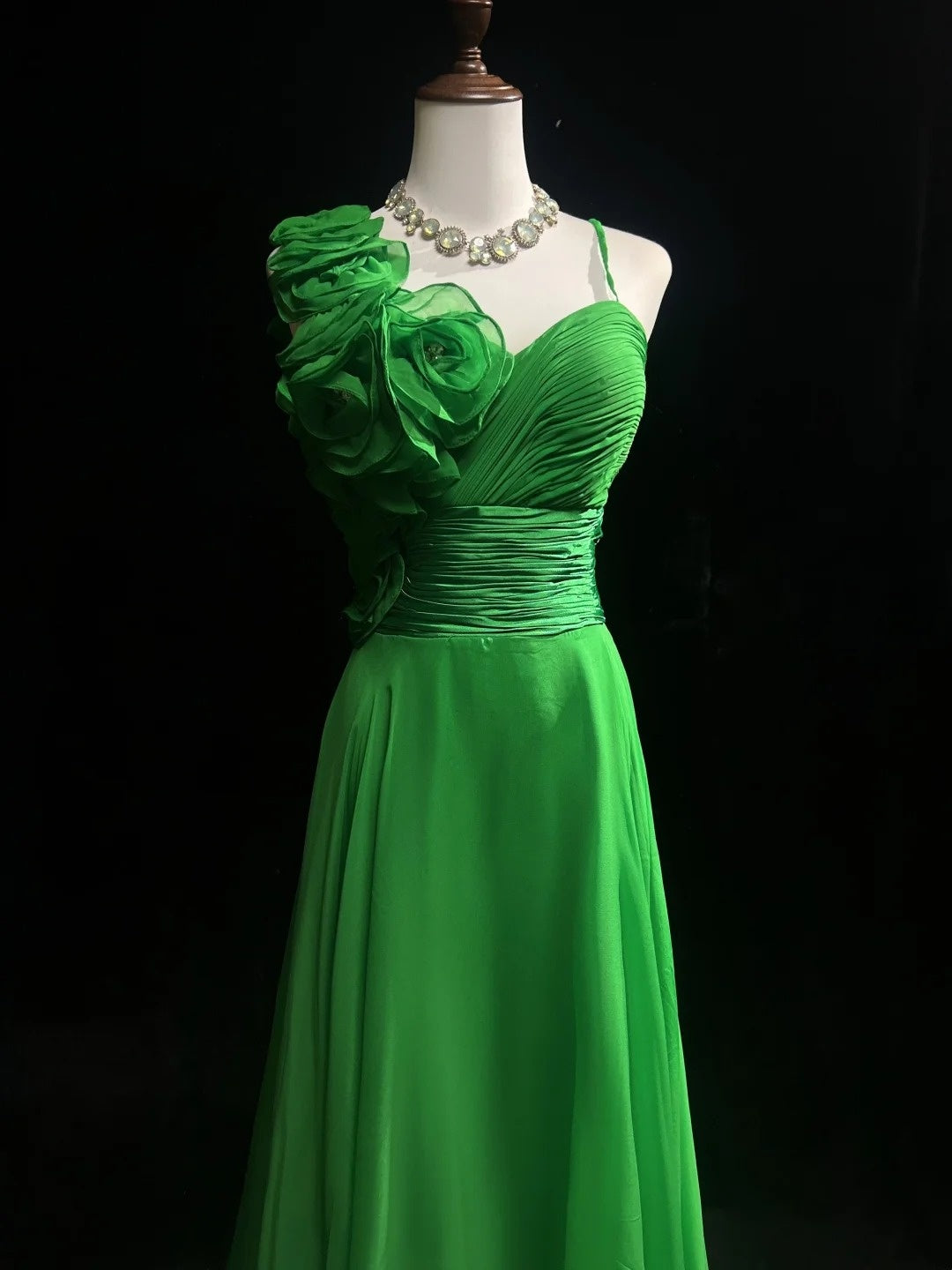 Vintage 90s Prom Dresses A Line One Shoulder Green Chiffon With Flowers Long Prom Gown N3061