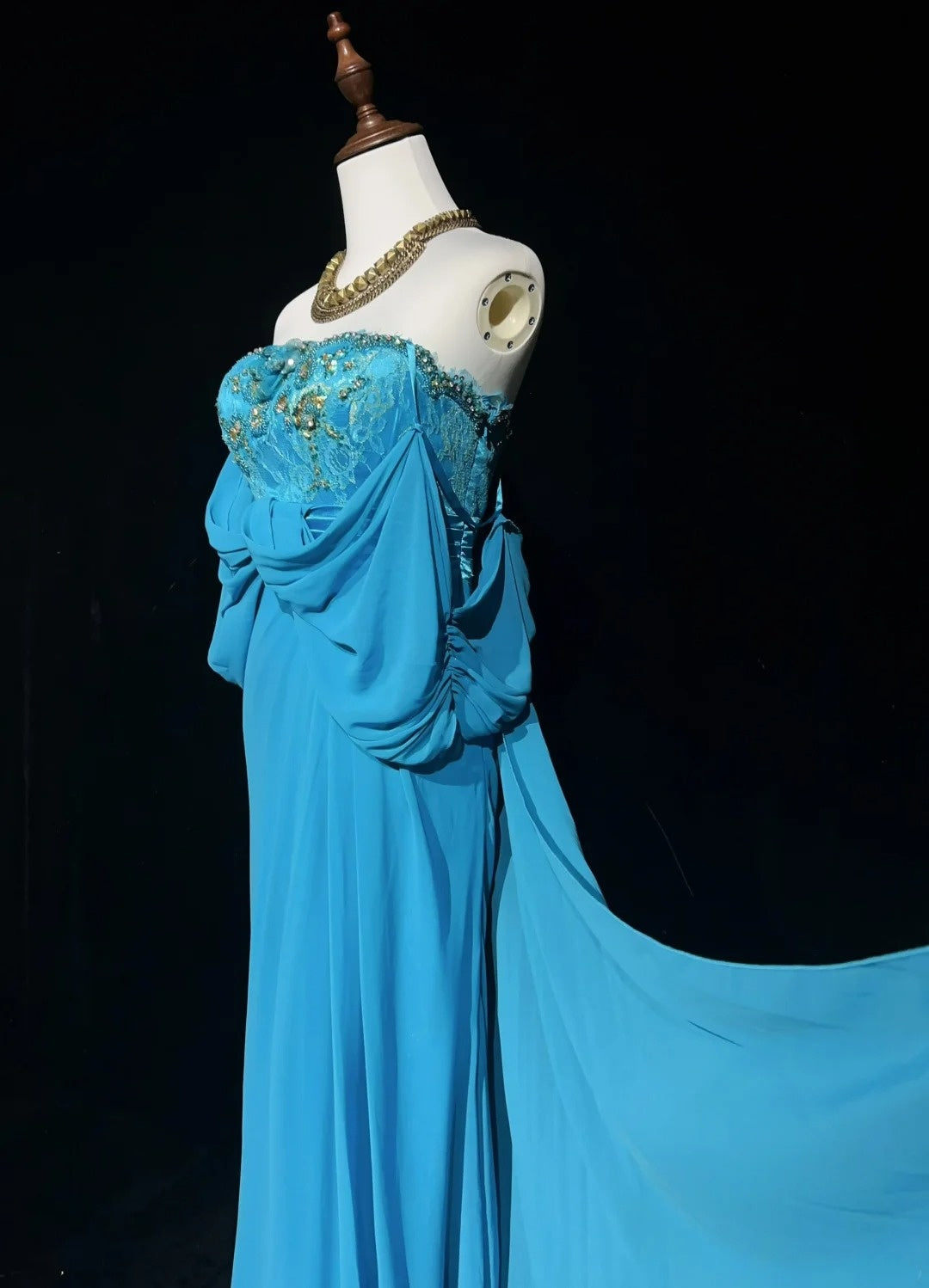 Robes de bal gothiques glamour sirène, bretelles fines, mousseline bleue sans manches avec perles, robe de soirée semi-formelle N3819