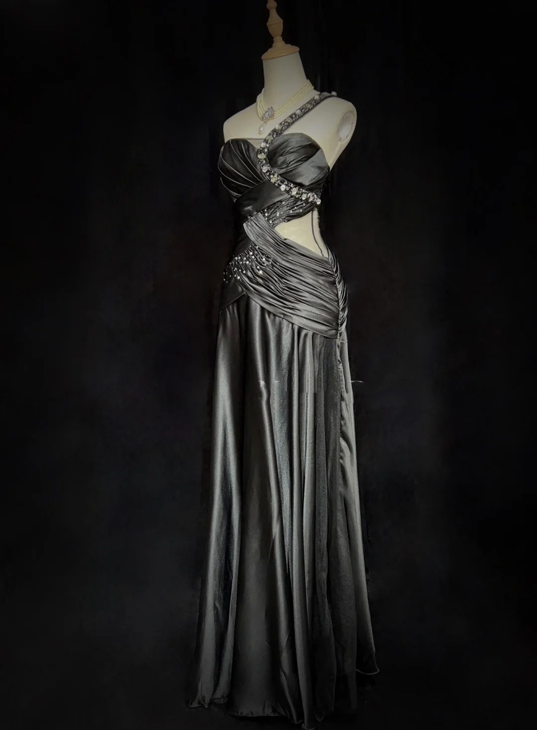 Vintage Abschlussballkleider 80er Meerjungfrau One Shoulder Black Tie Kleid mit Perlenstickerei Semi Formal Abendgarderobe N3636