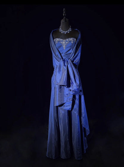 Robes de Bal Vintage, Coupe A-ligne, Col Cœur, Taffetas Bleu Marine, Cape Perlé Années 90, Longue Robe de Soirée N2904