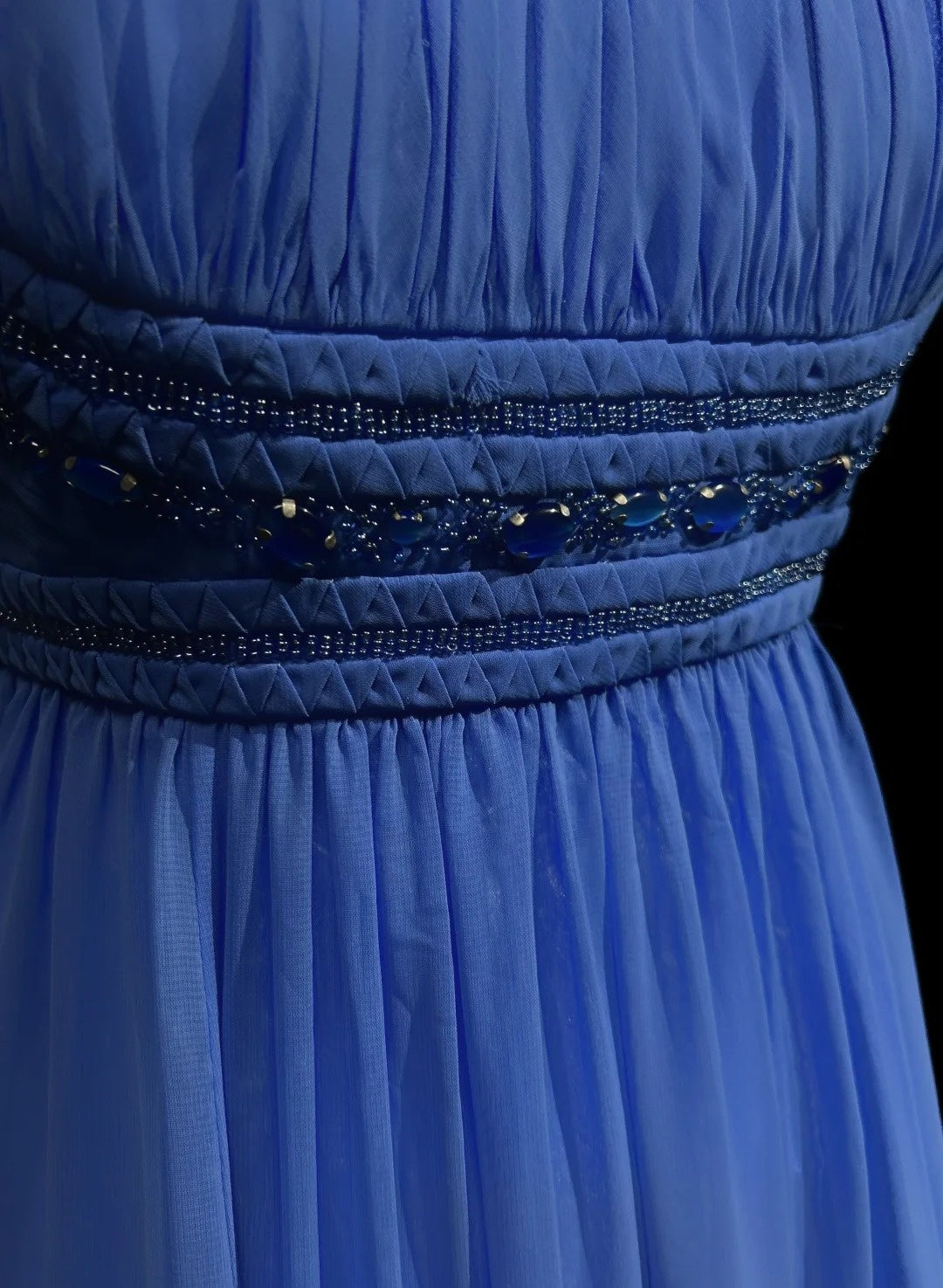 Robes de bal vintage en mousseline bleue avec bretelles spaghetti, coupe trapèze, perlées, longue robe de soirée N2446