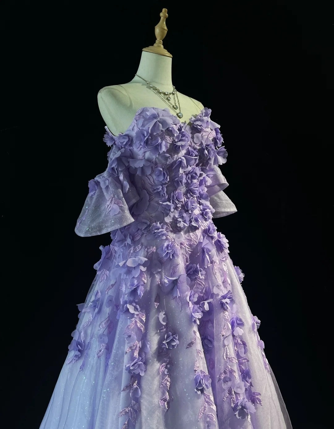 Prinzessinnen-Ballkleider, schulterfrei, fliederfarben, mit 3D-Blumen, festliche Abendmode N3894