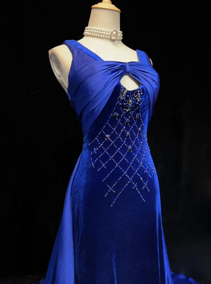 Robes de bal vintage Sirène Bleu Royal Velours Sans Manches Avec Perles Années 90 Longue Robe de soirée N2902