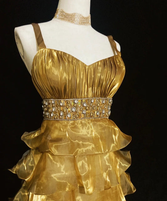 Cute A Line Spaghetti Strap Gold Knee Length 16th Birthday Gown Homecoming Outfits N3650
