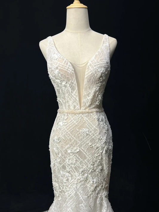 Sparkly Wedding Dresses Mermaid V Neck Ivory Lace Long Brides Dress Bridal Gown N2930