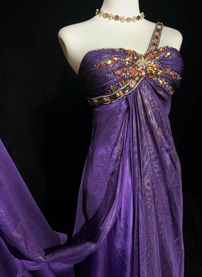 Vintage Ballkleid Ästhetik Kleider A-Linie One-Shoulder Lila Chiffon Mit Perlen Lang Formales Tanzkleid N3014