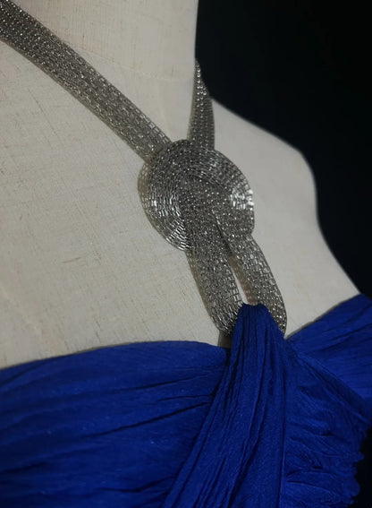 Robes de bal vintage en mousseline de soie bleu roi coupe trapèze à col américain avec perles, longue robe de soirée des années 90 N2903