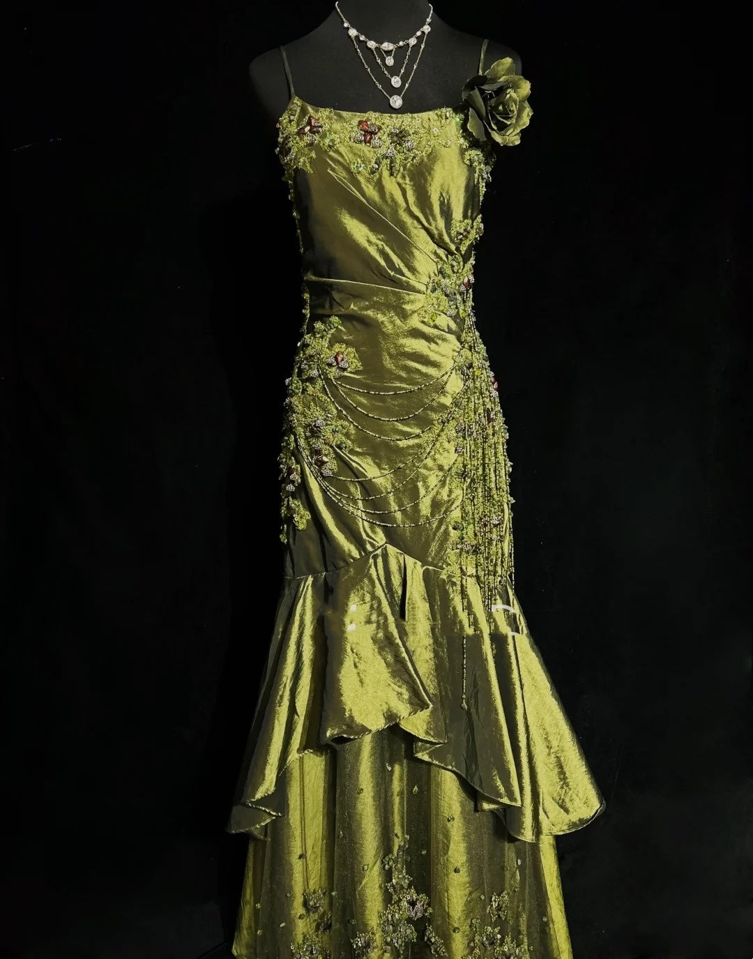 Vintage Meerjungfrau 2000er Spaghettiträger Olivgrün Satin Festliches Kleid Lange Ballkleider N2575