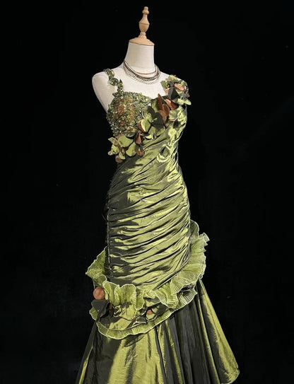 Vintage Abschlussballkleider Meerjungfrau Olivgrün Satin mit Perlenstickerei 90er Jahre Langes Abendkleid N2591